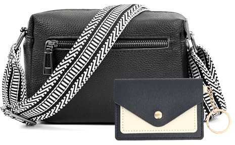 JinDouer Kleine Umhängetasche Damen mit Vielen Fächern, Modern Crossbody Bag Aus 100% Echtleder, Handtasche mit Breitem Tragegurt Stylische, Münzbörsen für Damen Senden (Schwarz)