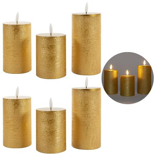 6er Set Led Kerzen 7,5cm ø Kerze flackernde Flamme mit Fernbedingung GOLD 15 cm + 12,5 cm + 10 cm Höhe, LED Kerzen mit Timerfunktion, 3 AAA Batterien nötig, LED Echtwachs Stumpenkerzen warmweiß