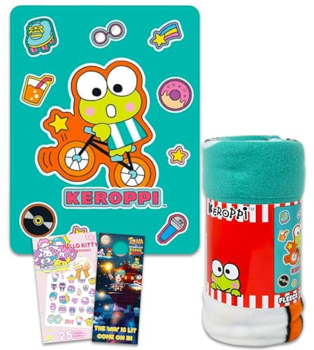 Keroppi - Coperta in pile Keroppi con tatuaggi Hello Kitty e altro ancora, per bambini, adulti e bambini, coperta in pile SANRIO 114,3 x 152,4 cm