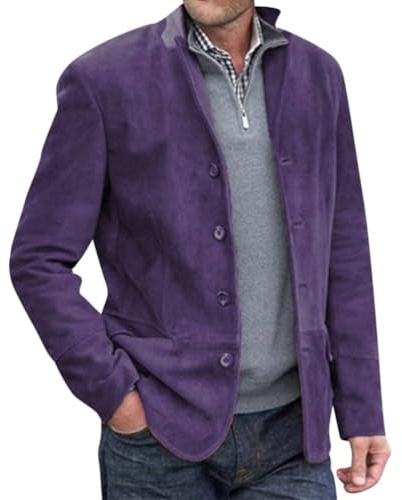 Onsoyours Blazer Décontracté à Col Montant pour Homme avec Poche à Revers et Manches Longues en Daim Vintage Décontracté Slim Bouton Costume d'affaires Blazer Veste B Violet XXL