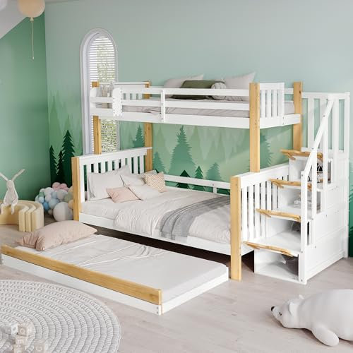 Merax Etagenbett Kinderbett 90x200 & 120x200 cm für 3 Kinder, Hochbett mit Ausziehbett & Speicherung Treppe, Funktionsbett Stockbett mit Rausfallschutz & 3 Lattenrost, Jugendhochbett, Weiß & Natur
