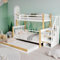 Merax Etagenbett Kinderbett 90x200 & 120x200 cm für 3 Kinder, Hochbett mit Ausziehbett & Speicherung Treppe, Funktionsbett Stockbett mit Rausfallschutz & 3 Lattenrost, Jugendhochbett, Weiß & Natur