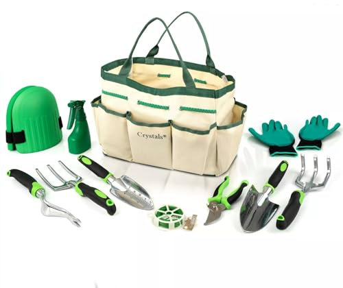 Crystal 11-Piece Heavy-Duty GardeningTool Set – Rust-Resistant Stainless Steel, Non-Slip Handles, Durable Storage Tote – Ideal Gardening Gift for Men & Women, Indoor/Outdoor Use