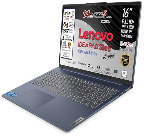 Lenovo, Ideapad 5Slim, pc portatile, i7 13620H 13Th, DDR5 64Gb, Display WUXGA 16 IPS FHD+, SSD 1Tb (2 X 512Gb), Wi-Fi 6, Bt, USB Thunderbolt, Tastiera retroilluminata, Win11 Pro, Pronto all'Uso