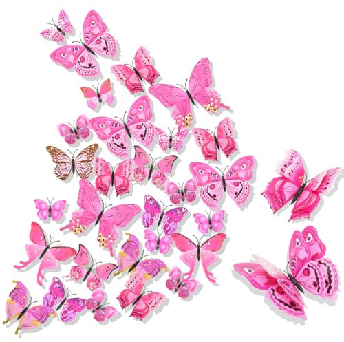 3D Schmetterlinge Wanddeko Wandaufkleber Schmetterlinge Deko Wandtattoo Butterfly Dekoration Abnehmbare Wandaufkleber Heimdeko Kinderzimmer Schlafzimmer Deko Rosa