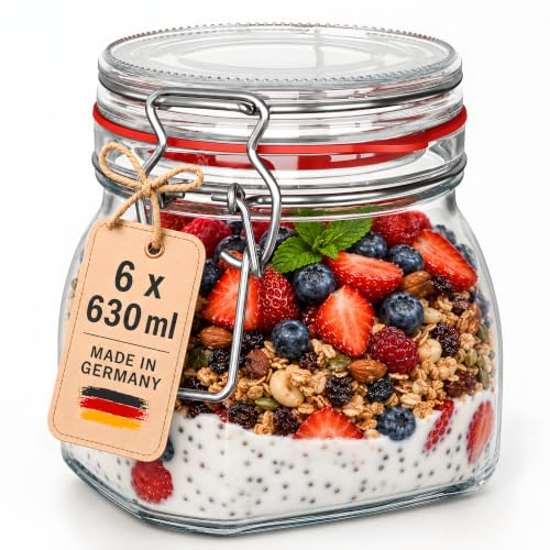 WELLGRO Einmachgläser mit Bügelverschluss eckig, Fermentierglas, Vorratsgläser mit Deckel, Bügelglas - Gläser mit Deckel Made in Germany (630ml x 6 Stück)