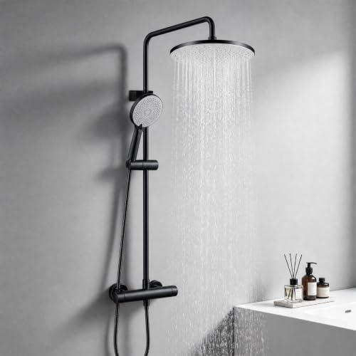 JUSTER Miscelatore termostatico doccia, Colonna doccia con miscelatore | Colonna doccia,coccia pioggia 25 cm, 3 getti, altezza reg., miscelatore termostatico 38°C, accessori, installazione facile.