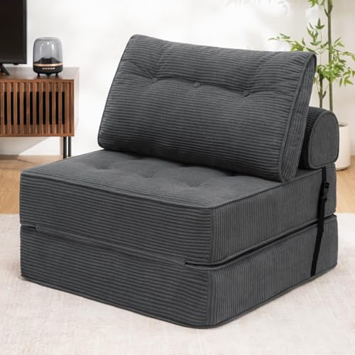 HOMMPA Faltbares Schlafsofa umwandelbarer 3-in-1 Sofa Bett Schlafsessel mit Kissen Sitzsack-Sofa Stuhl Komfortable Schlafcouch Bodensofa-Lounge für Schlafzimmer Wohnzimmer Anthrazit Grau 80CM
