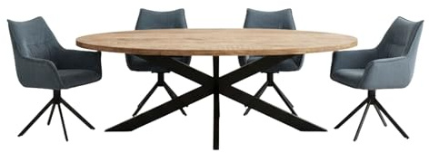 MR. DEKO Essgruppe Avola Holztisch Oval 180x90cm mit 4 drehbaren Sesseln Ginosa | Moderner Esstisch mit Bequemen Stühlen | Esszimmer Möbel Set Blau | Vier Personen