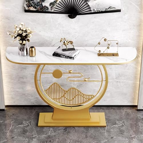 BRCYKRWY Table Console Demi-Lune,Table d'Entrée avec Plateau en Faux Marbre,avec Piètement Géométrique en Métal,pour L'entrée, Le Hall Ou Le Salon(Gold,80cm/31.5)