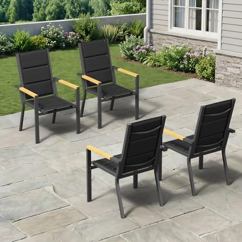 TRIUMPHKEY Gartenstuhl aus wetterfestem mit Holzkorn Handlauf, Aluminium Outdoor Garten Stapelstühle mit Baumwollsitz für Balkon, Terrasse, Garten - Set aus 4 Stück, DunkelGrau
