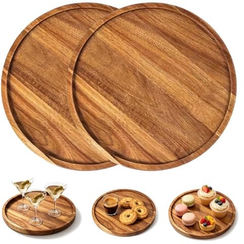 2 Stück Runder Teller aus Holz, 20 cm Akazienholz Rund Dekoschale, Rund Flach Dekotablett Holzgeschirr für Wohnzimmer Esstisch Couchtisch