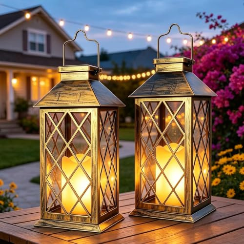 Cozymeow Solar Laternen für Draußen, 2 Stück solarlaterne für außen 22cm H | Flackernde Kerzen, Solarlampen für Außen Hängend Wetterfest Outdoor für Draußen Balkon Terrasse Gartendeko, AntikGold