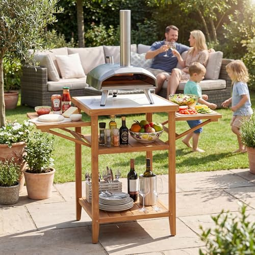 COSTWAY Grilltisch Outdoor, Campingtisch aus Akazienholz, BBQ-Tisch, Natur | Gartentisch mit 2 klappbaren Seitenablagen, 2 offene Ablage & Tischplatte in Marmoroptik, für Grillen Camping Garten