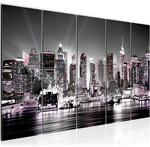 Runa Art Wandbild XXL New York City Wohnzimmer Büro 200 x 80 cm Rosa Grau 5 Teilig - Made in Germany - 605555b