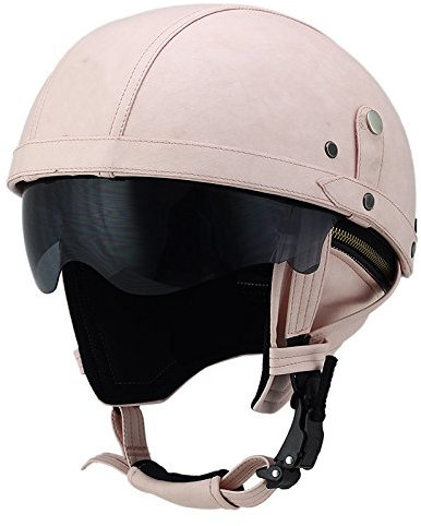 Woljay Cuir Casque de Moto et Velo Bol Lunettes Retro Style de Vintage Cuir Moto Biker Croiseur Scooter Tournée Casque (Rose avec lentille Solaire tombante)