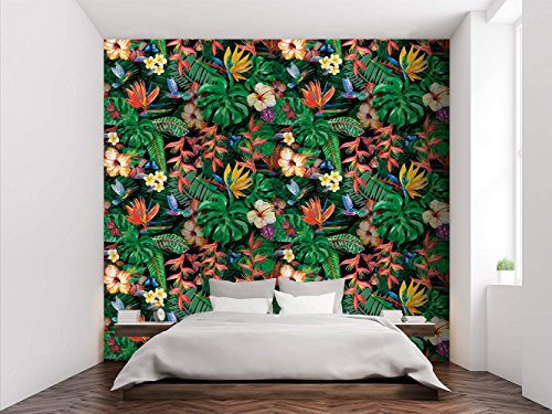 Oedim Fototapete, exotische Pflanzen, tropische Blumen, Kolibri-Schmetterling, Fototapete, Wandbild, Tapete, 200 x 150 cm