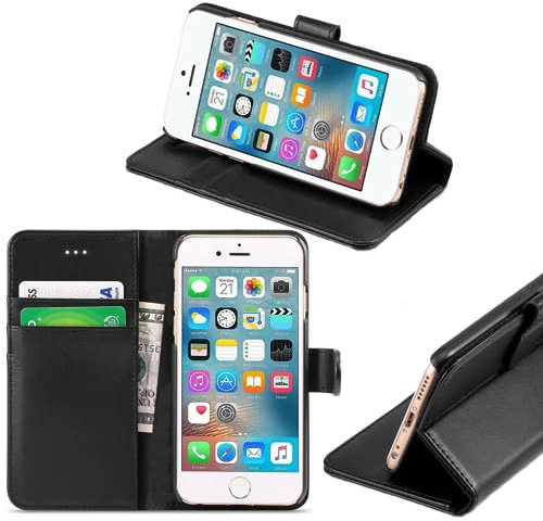 RASH ACCESSORIES iPhone 6-6S Wallet Flip Case - Leather Premium Folio Phone Cover [Kickstand] [Cash & Card Slots] [Magnetic Closure] Wireless Charging Compatible Real Leather For iPhone 6-6S Black