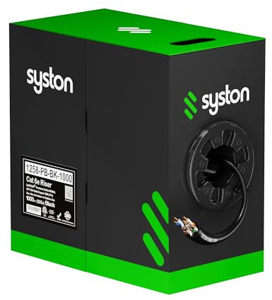 Syston Cable Technology Cat6 (e) EthernetKabel, 23 AWG, 4 Pr, massives blankes Kupfer, roh, 600 MHz, 304,8 m, für den Außen und Innenbereich, hitzebeständig, CMR, schwarz, keine Enden, 3,5 m bis