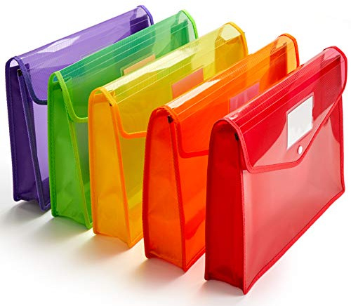 Plastic File Folder Poly Envelope Expanding File Wallet Document Folder with Snap Button Closure, Legal Size, 5 Pack Large Waterproof Accordion File Pouch (Assorted Colors)