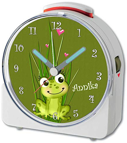 CreaDesign, WU-71-1060, Frosch, analog Kinderwecker weiß, Funkwecker mit Sweep-Uhrwerk und fluoreszierenden Zeiger und Licht, personlisiert mit Namen, 10,2 x 4,6 x 11 cm
