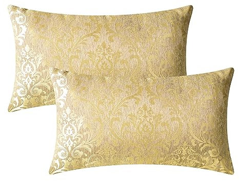 CaliTime Kissenbezüge Kissenhülle 2 Stück Kissenbezüge für Couch Sofa Heimdekoration Vintage-Damast Blumen glänzend und stumpf Kontrast 30 cm x 50 cm Gold