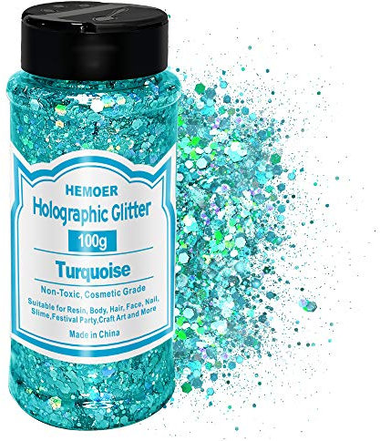 HEMOER Purpurina Gruesa Holográfica Turquesa, 100g Grado Cosmético Hexágono Brillos Corporales para Uñas, Cara, Cabello y Maquillaje de Festival, Lentejuelas para Manualidades, Resina Epoxy Decoración