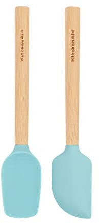 KitchenAid Set di 2 mini spatole con manico in legno di bambù con testa in silicone, Aqua Sky