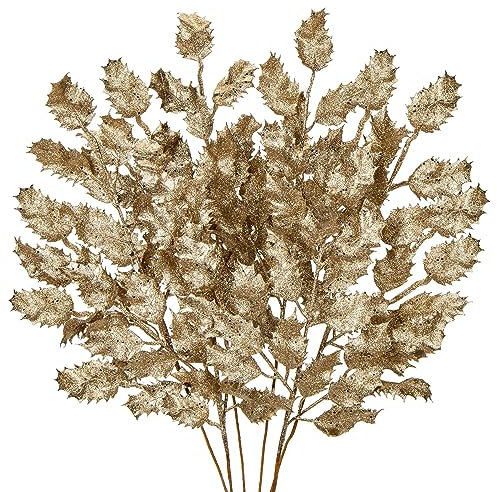 Briful 6pcs Glitter Leaf Artificial Holly Leaves 23 Christmas Glitter Leaves Stem for Xmas Tree Decorations Fake Leaf Artificial Stem for Flower Arrangment Home Decor