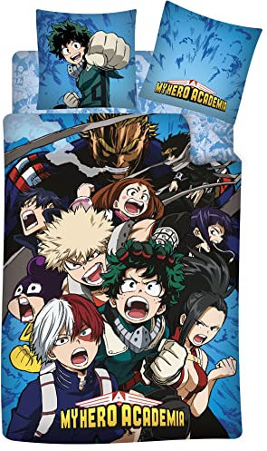 My Hero Academia Bettwäsche-Set, Bettbezug 140 x 200 cm + Kissenbezug + Spannbettlaken 90 x 190 cm 100% Baumwolle