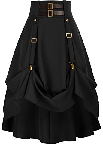 Scarlet Darkness Jupe Renaissance gothique pour femme, longueur genou, avec boucles et sangles, Noir , L