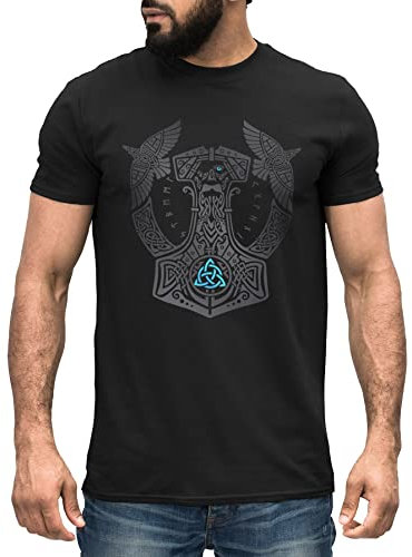 Neverless® Odin Raben Mjolnir Valknut Valhalla Hammer Wikinger Nordische Mythologie Herren T-Shirt schwarz XXL
