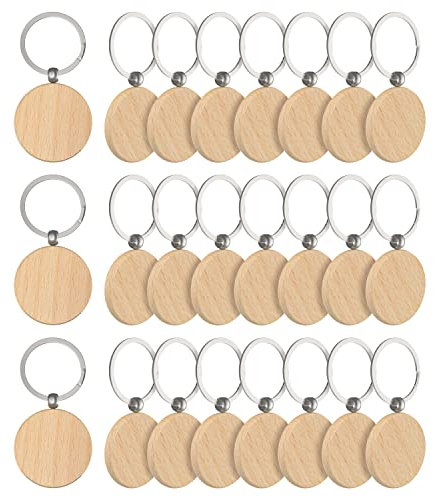 efuturetime 24PCS Schlüsselanhänger Holz Blanko, Rund, Wooden Keychain Schlüsselring, Beschriftbar Schlüsselanhänger Rohlinge Holz für DIY, Malerei, Dekoration, Geschenke