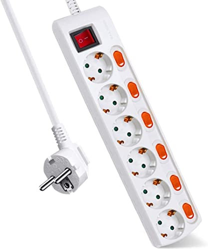 EXTRASTAR Regleta con 6 Enchufes + 6 Interruptor Individuales, 1 Interruptor Principal, 3680W, 250V, 1.5M, Blanco, 1pcs