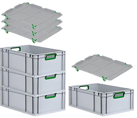 PROREGAL SuperSparSet 4x Eurobox NextGen Color mit Auflagedeckel & Schiebeschnappverschlüsse, HxBxT 22x40x60cm, 44L, Griffe grün offen, Verstärkter Boden, Eurobehälter Transportbox Transportbehälter