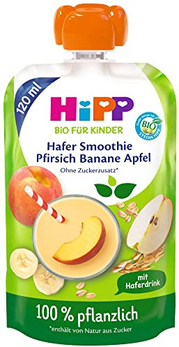 HiPP Bio Quetschie Hafer Smoothie Pfirsich Banane Apfel mit Haferdrink (6 x 120ml), ab 1 Jahr, 100% pflanzlich, ohne Zuckerzusatz, vegan, in bester Bio-Qualität