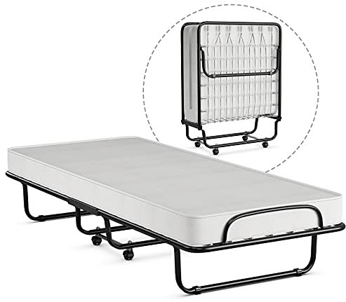 LIFEZEAL Klappbett, Klappbares Gästebett im Metallrahmen, Faltbares Einzelbett mit Matratze aus Memory Foam, Erwachsene Metallbett auf 4 Rädern (Weiß, 190 x 80 x 39 cm)