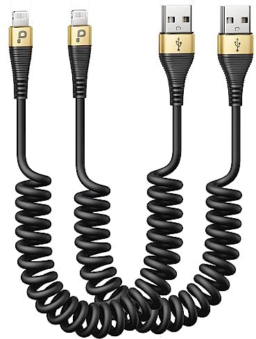 Short iPhone Charger Cable for Car, 2 Pack 3FT Coiled Lightning Cable [Apple MFi Certified] iPhone Charger Cord Compatible with iPhone 14/13/12/11 Pro Max/XS MAX/XR/XS/8/iPad/iPod/CarPlay-Gold