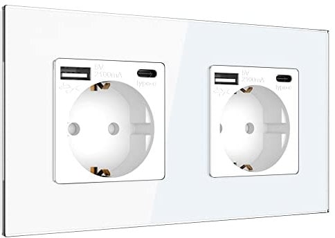 PULSAR Steckdose 2x USB-C 2x USB-A Schnell-Ladegerät Standard Schuko Steckdose 16A 2 Fach Unterputz mit USB Typ C, A Intelligente Erkennung Wandsteckdose Doppelsteckdose Quick Charge für Büro Zuhause
