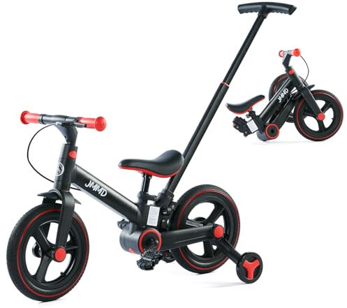 JMMD Kinderlaufrad mit Stützrädern und Pedalen, Höhenverstellbare Schiebestange mit Sicherheitsbremse, Schwarz Dreirad für Kinder 18 Monate bis 5 Jungen und Mädchen