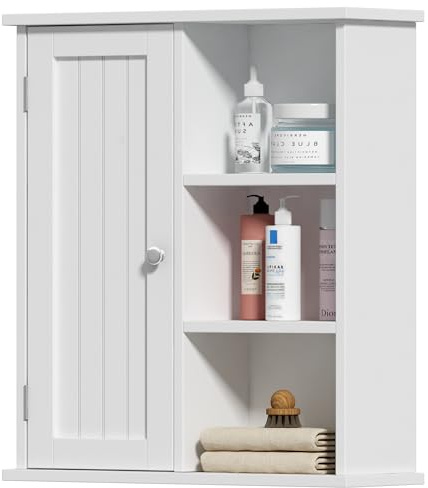 Treocho Bathroom Wall Cabinet, Medicine Cabinet with Door and 3 Open Shelves, Wall Mounted Storage Organizer for Bathroom, Kitchen, Living Room, White