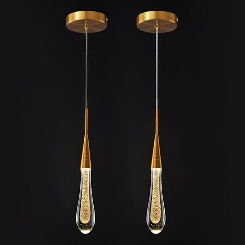 ZenithBeam Küchenleuchten, Deckenleuchte, dimmbar, moderne LED-Pendelleuchte, goldfarben, Mini-Tropfen-Kristall-Pendelleuchte für Kücheninsel, Schlafzimmer, Flur, Eingangsbereich (2er-Pack)
