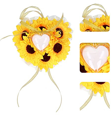 JUOPZKENN Eheringkissen, Sonnenblumen-Ringkissen, Hochzeitszeremonie, Gelbe Hochzeitszeremonie, Ringträgerblume, Ringkissen-Dekoration für Hochzeitsfeier