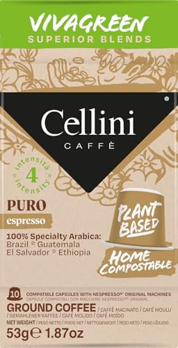 Caffè Cellini Nespresso* Capsules compostables - Miscela Puro 100pcs | Café Home Compostables - à base de plantes | Mélange 100% Arabica de spécialité Intensité 4
