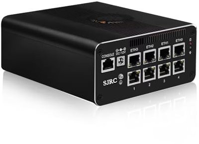 SJRC Mini PC Firewall Micro Appliance, 12th Gen Pentium Gold 8505, 8 x i226V 2.5GbE LAN, DDR5 64GB RAM 2TB NVMe SSD, Support OPNsense, USB3.2, Type-C, TF Slot, 4 Display, Console