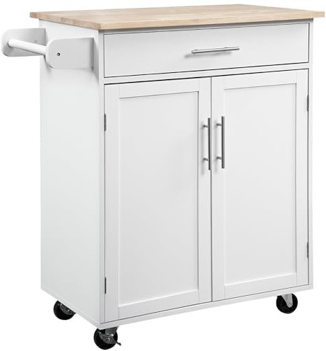 HOMCOM Desserte de Cuisine sur roulettes Chariot de Service Ilot de Cuisine avec tiroir de Placard et Porte-torchons - 83l x 45P x 91,5H cm Blanc