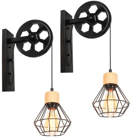 2 Packs Appliques Murales Vintages Industrielles Poulies Design Suspension Métal en forme Cage Noir Rétro E27 Lampe de Mur en Bois Loft Corde Ajustable (B-en bois-2)