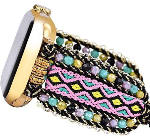 Fancy Woven Braided Nylon Band Compatible with Apple Watch Bands 40mm 41mm 38mm, Retro Boho Friendship Bracelet Handmade Bohemian Beaded Adjustable Dressy Strap Wristbands for iWatch Bands Series10/9