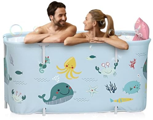 Warmiehomy Bañera plegable para adultos, 140 x 50 x 55 cm, bañera móvil portátil con cojín y respaldo, bañera SPA para ducha, bañera plegable independiente para adultos y niños, estilo océano