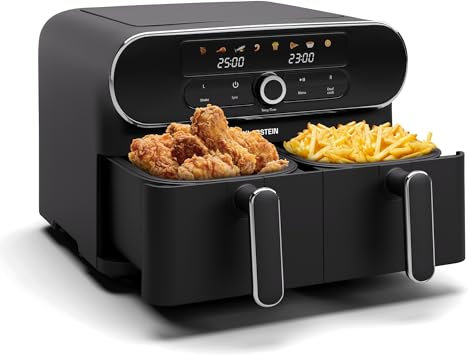 Klarstein AuraAir Color Touch Dual Heißluftfritteuse – 11L Dual-Kammer Airfryer, 1700 W, 8 Programme, Touchscreen, 75% Weniger Fett, Antihaft, Überhitzungsschutz, Schwarz/Silber